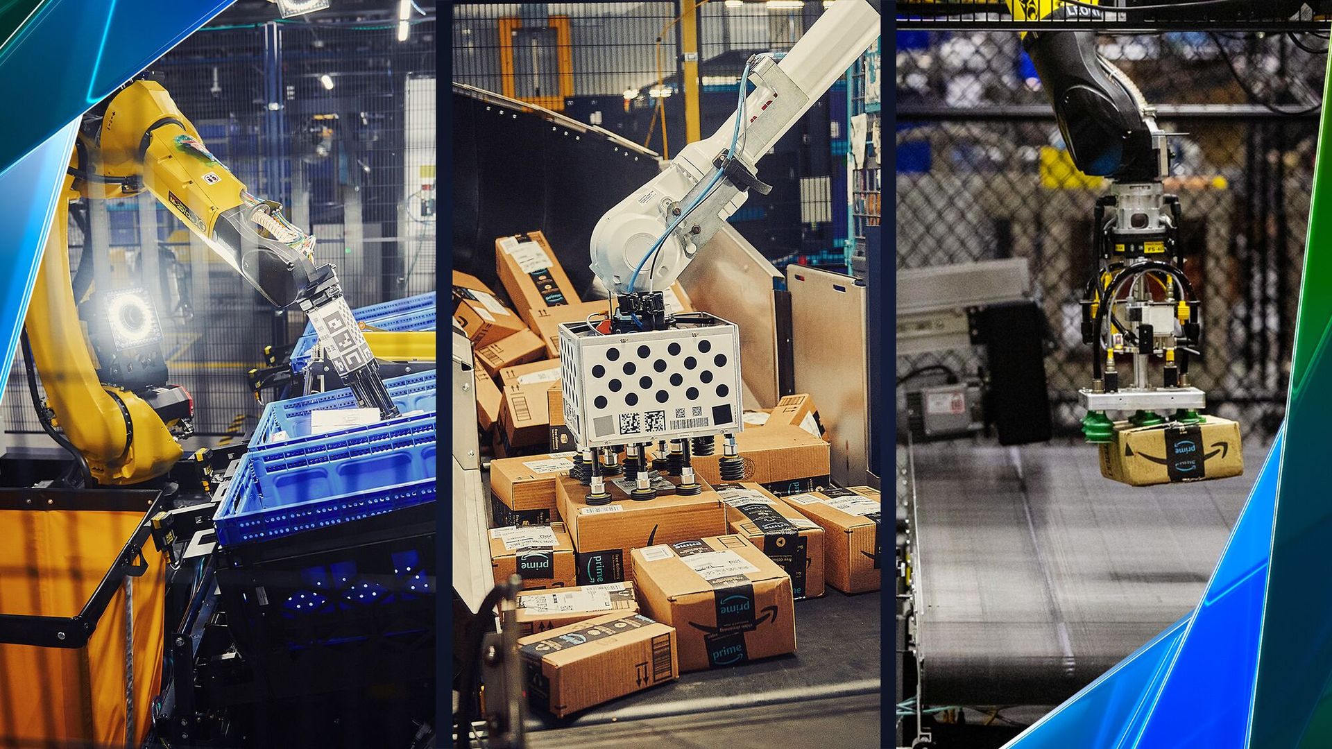 Amazon robotic arms ecosystem - Sparrow, Cardinal, and other Amazon warehouse robots working in fulfillment centers