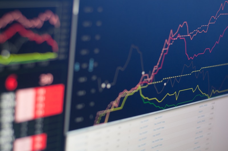 Stock market trading display showing financial charts and market data