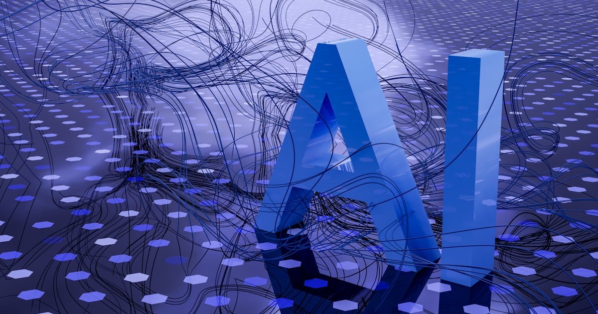 A rendered graphic of large blue AI lettering on a reflective surface, lit by hexagonal lights